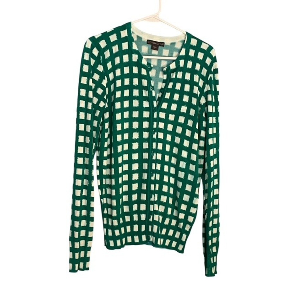 Covington Womens Cardigan Sweater L Green White Grid Print Knit Top